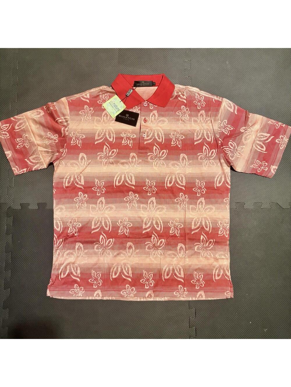Bugatchi Polo Shirt Mens Small Red Striped Floral All Over Pattern Golf Tee NWT